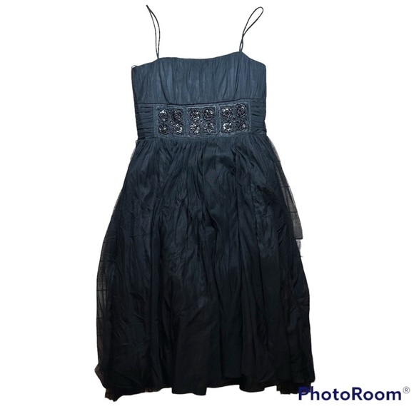 Vintage Cache Black Tulle Spaghetti Strap Party Dress Beaded Midi Crinoline Goth - Picture 1 of 16